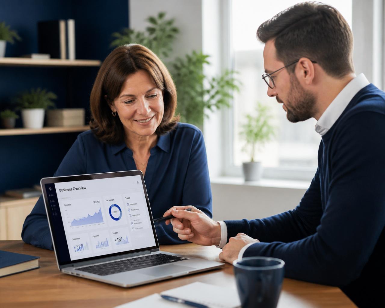 A business owner and AI consultant reviewing an AI Foundation Review together at a desk